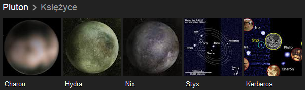 Pluton - księżyce: Charon, Hydra, Nix, Styx i Kerberos.