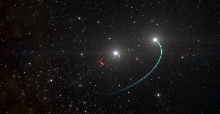 Artystyczna wizja układu potrójnego HR 6819, wewnątrz którego odkryto czarną dziurę o niskiej aktywności. Fotografia: xeber24.org. Dane zebrano dzięki pracy teleskopu w obserwatorium La Silla w Chile (ESO).