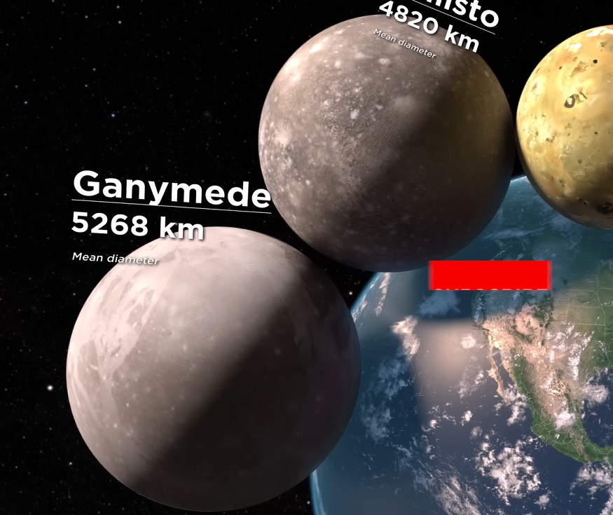 Największe księżyce Jowisza - Callisto i Ganymede (wizualizacja na tle Ziemi). / Fot.: kanał Youtube - MetaBallStudios.