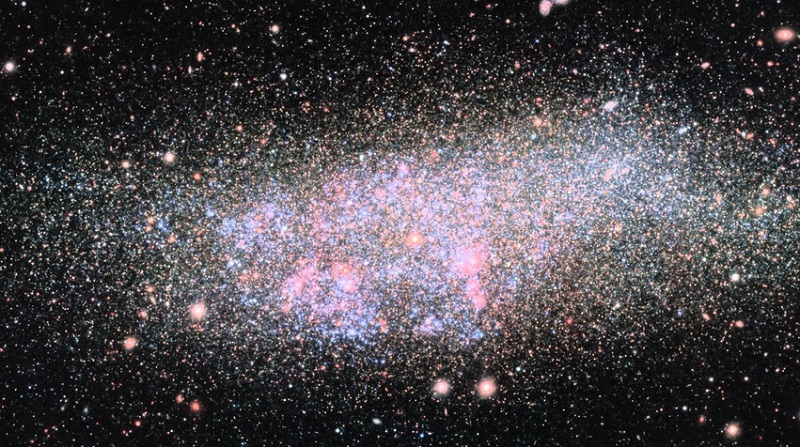 Galaktyka WLM (Wolf-Lundmark-Melotte) na obrazie wykonanym przez kamerę OmegaCAM zamontowaną na teleskopie VLT (Very Large Telescope, należący do ESO). Zdjęcie wykonano w 2016 roku. / Fot.: kanał Youtube - ESO.