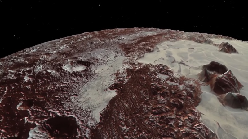 Powierzchnia Plutona (dane z sondy kosmicznej New Horizons). / Fot.: kanał Youtube - NASA Video - "New Horizons Flyover of Pluto".