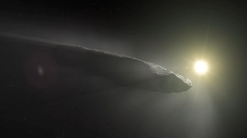 Obiekt międzygwiezdny 1I/ʻOumuamua. W tle Słońce. / Fot.: kanał Youtube - HubbleWebbESA.