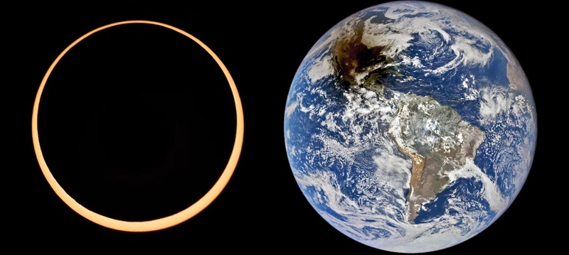 Obrączkowe zaćmienie Słońca z 14/15 października 2023 i widok Ziemi z kamery EPIC znajdującej się na pokładzie satelity DSCOVR. / Fot.: NASA/NOAA.