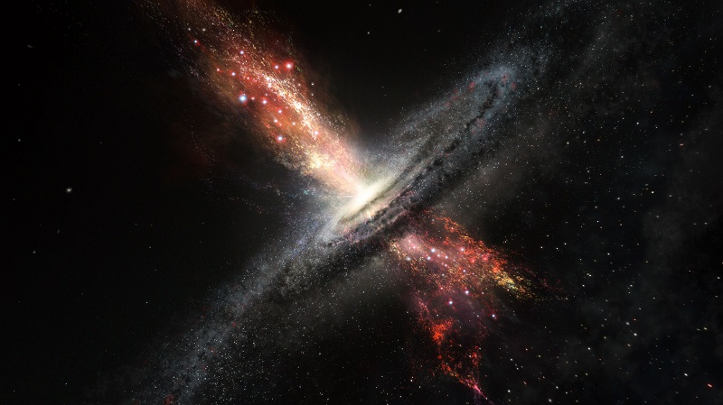 AGN (ang. Active Galactic Nuclei) - Aktywne Jadro Galaktyki. Na ilustracji poglądowej znajduje się kwazar. / Fot.: astrobites.org.