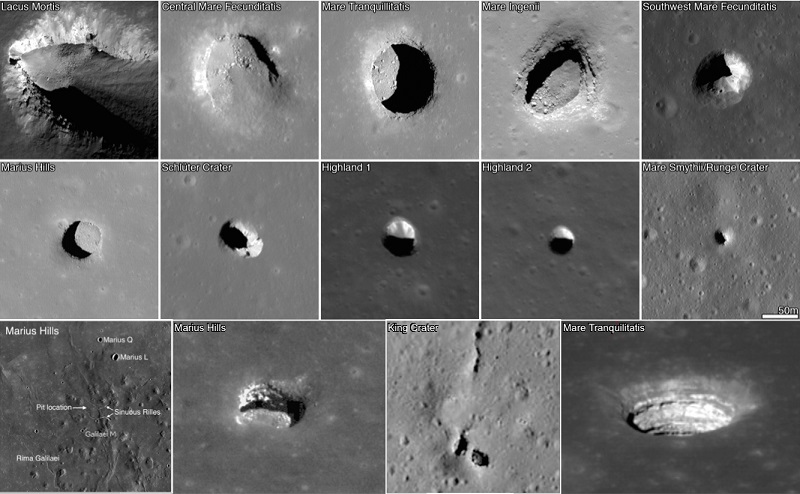 Kratery i wejścia do jaskiń, widziane z lotu ptaka, występujące na powierzchni Srebrnego Globu. / Fot.: NASA.